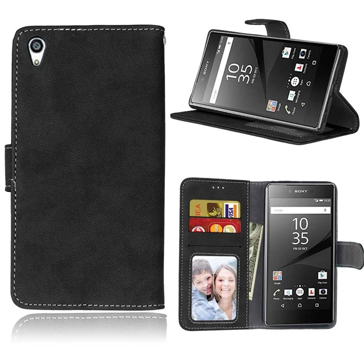 Vintage Matte PU Leather Wallet Case for Sony Xperia Z5 Premium / Premium dual - Black
