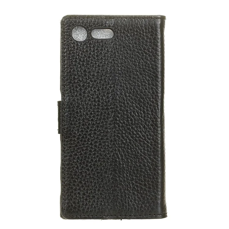 Litchi Skin Genuine Leather Wallet Case for Sony Xperia XZ Premium - Black