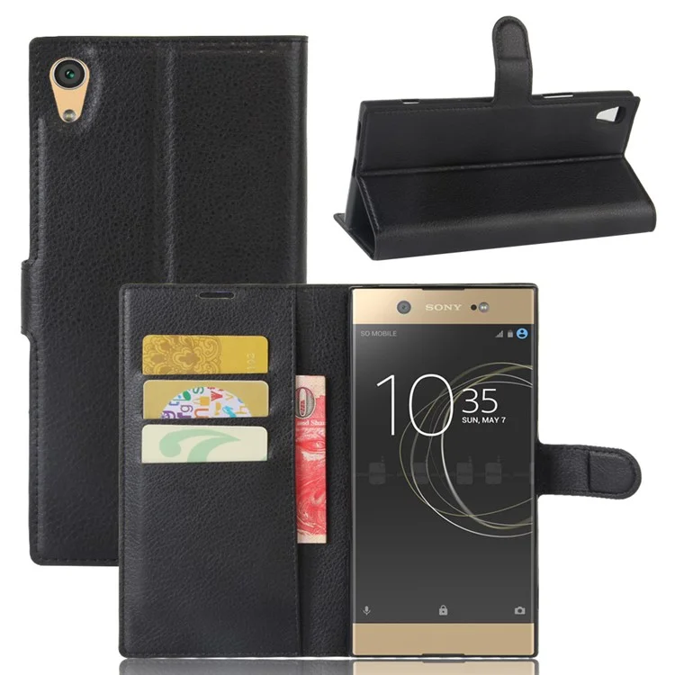 Litchi Skin Leather Wallet Case for Sony Xperia XA1 Ultra - Black