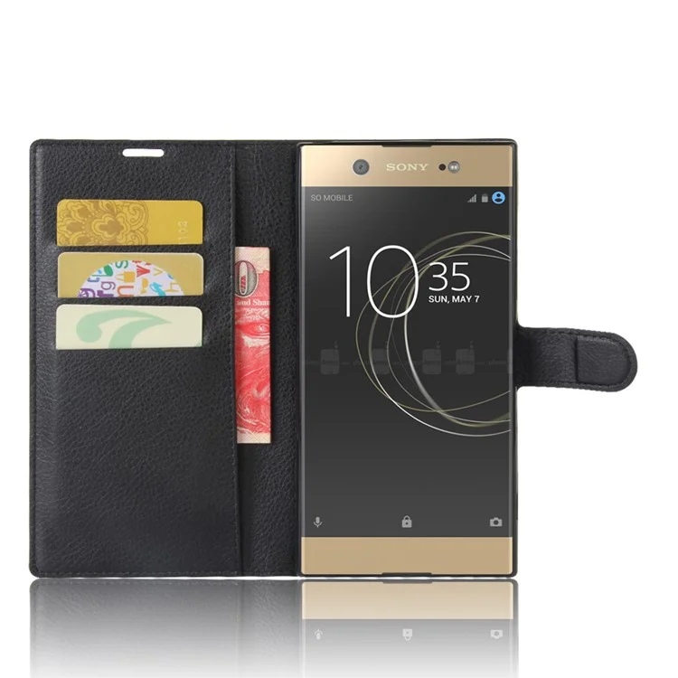 Litchi Skin Leather Wallet Case for Sony Xperia XA1 Ultra - Black