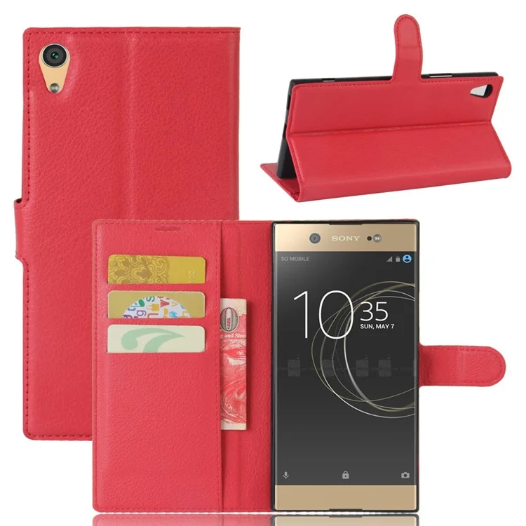 Litchi Skin Leather Card Holder Case for Sony Xperia XA1 Ultra - Red