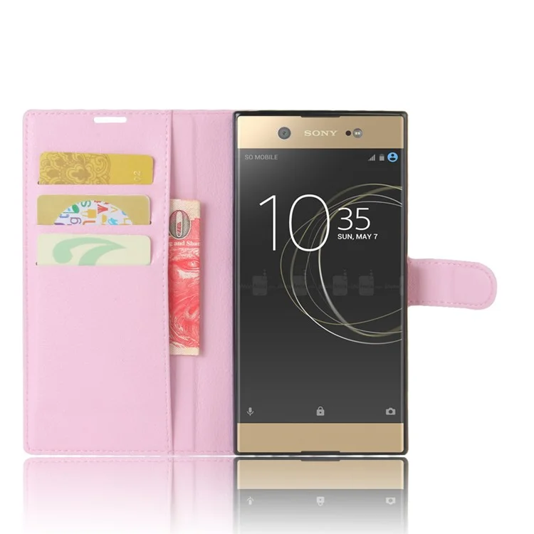 Litchi Skin Stand Leather Cartet Case Para Sony Xperia Xa1 Ultra - Rosa