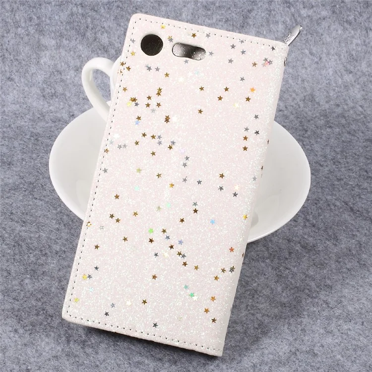 Glitter Star Sequins Leather Folio Flip Case for Sony Xperia XZ Premium - White