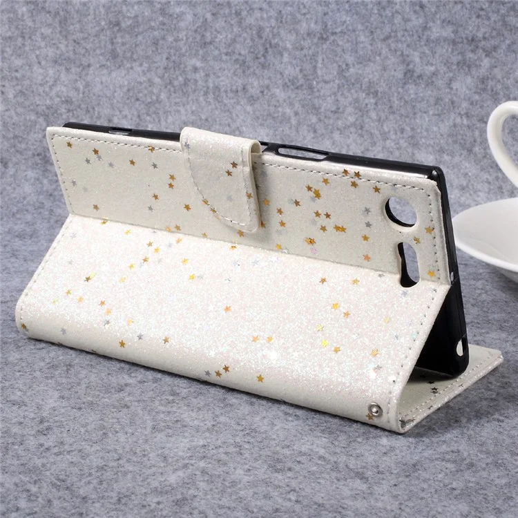 Glitter Star Sequins Leather Folio Flip Case for Sony Xperia XZ Premium - White