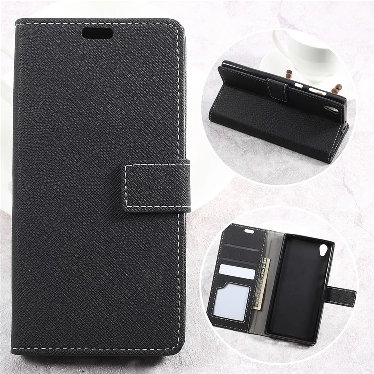 Cross Texture Wallet Leather Stand Cell Phone Case for Sony Xperia L1 - Black