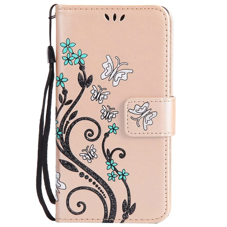 Glitter Powder Imprint Butterfly Flower Leather Wallet Flip Case for Sony Xperia X Performance - Gold