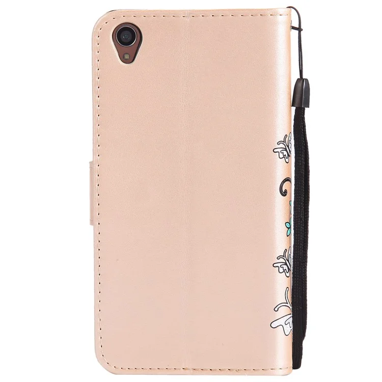 Glitter Powder Imprint Butterfly Flower Leather Wallet Flip Case for Sony Xperia X Performance - Gold