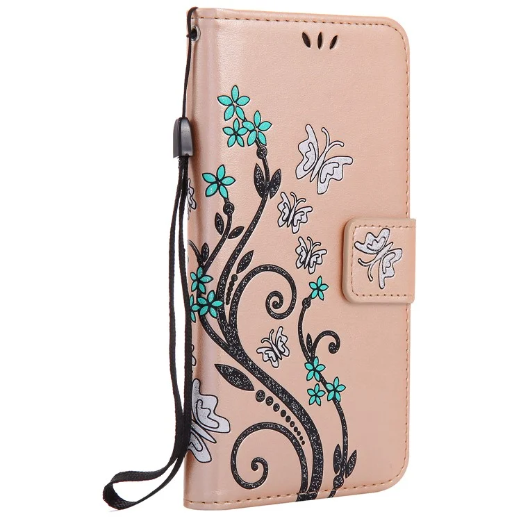 Glitter Powder Imprint Butterfly Flower Leather Wallet Flip Case for Sony Xperia X Performance - Gold