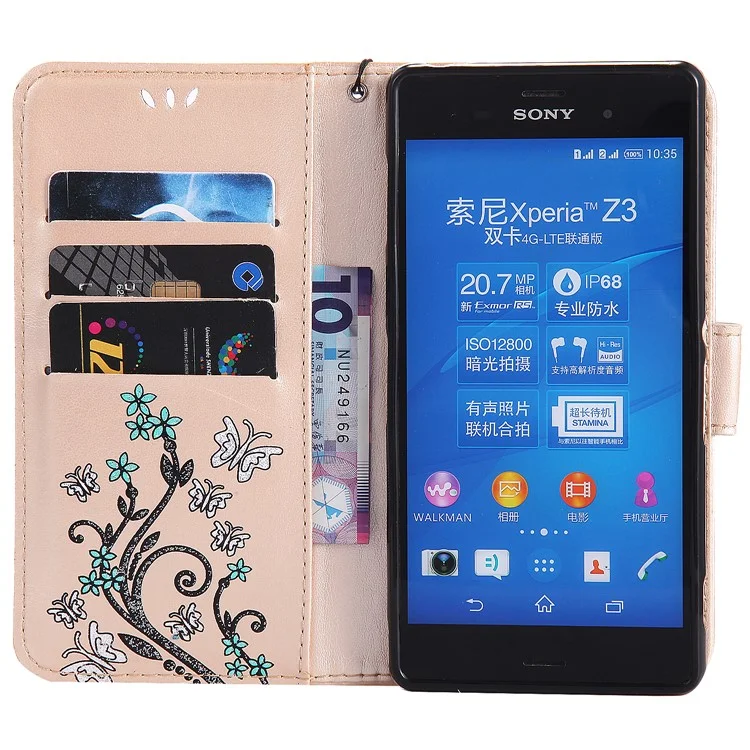 Glitter Powder Imprint Butterfly Flower Leather Wallet Flip Case for Sony Xperia X Performance - Gold