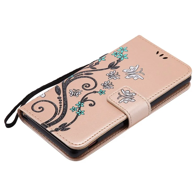 Glitter Powder Imprint Butterfly Flower Leather Wallet Flip Case for Sony Xperia X Performance - Gold