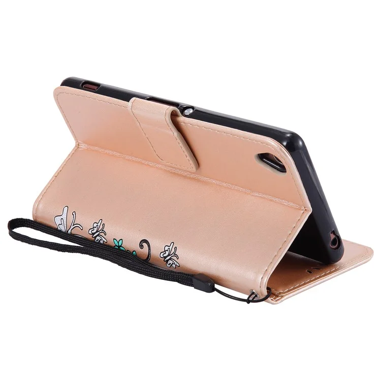 Glitter Powder Imprint Butterfly Flower Leather Wallet Flip Case for Sony Xperia X Performance - Gold