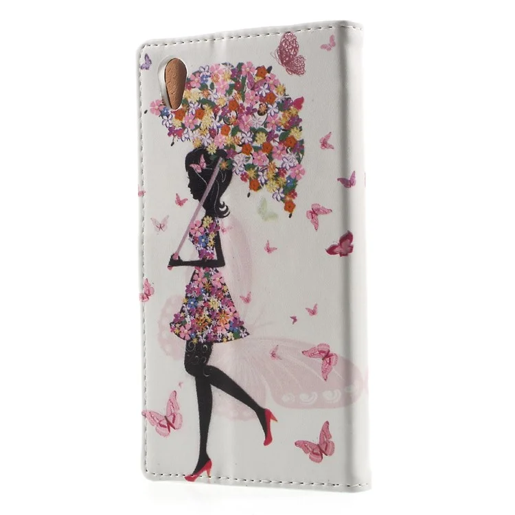 Pattern Printing Leather Wallet Case for Sony Xperia XA1 - Flowered Girl Holding Umbrella