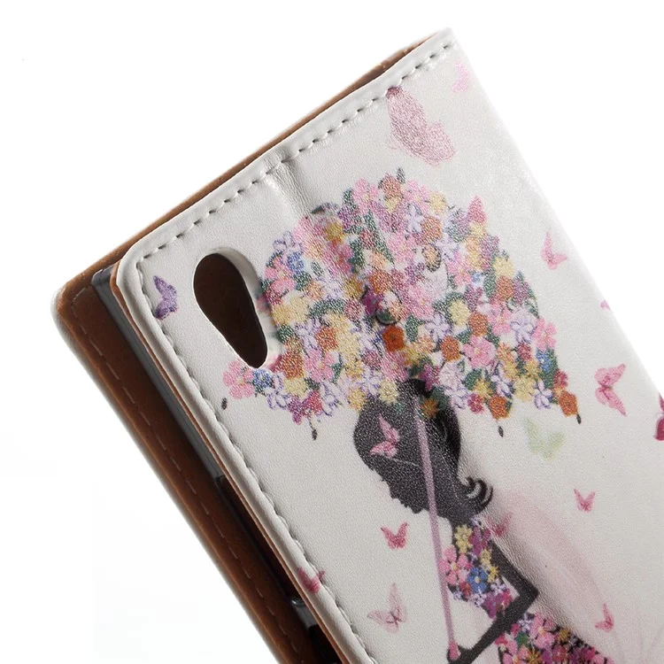 Pattern Printing Leather Wallet Case for Sony Xperia XA1 - Flowered Girl Holding Umbrella