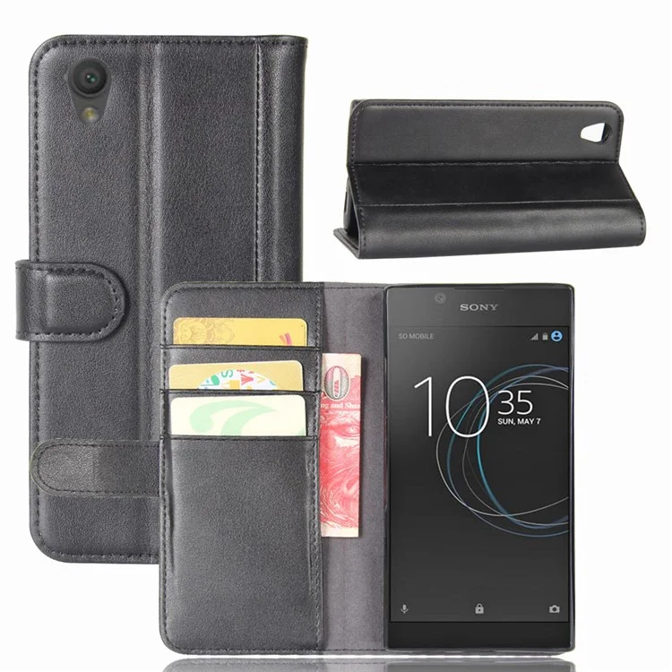 Genuine Split Leather Wallet Phone Casing Shell with Stand for Sony Xperia L1 - Black
