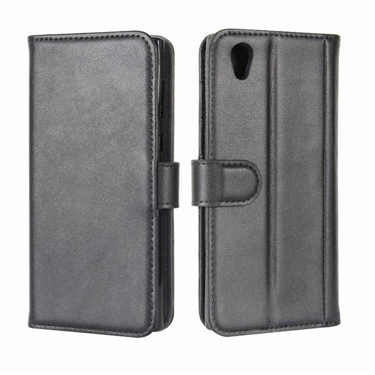 Genuine Split Leather Wallet Phone Casing Shell with Stand for Sony Xperia L1 - Black