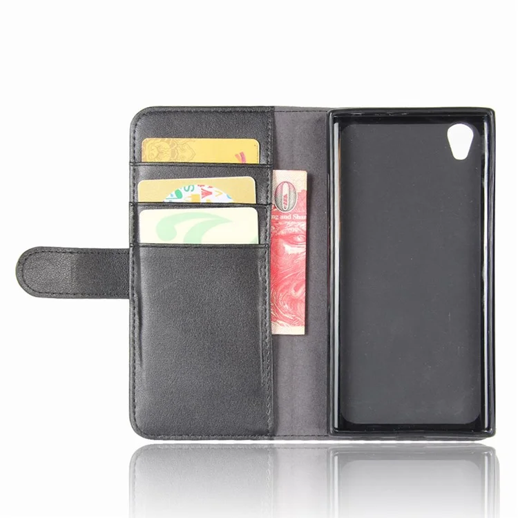 Genuine Split Leather Wallet Phone Casing Shell with Stand for Sony Xperia L1 - Black