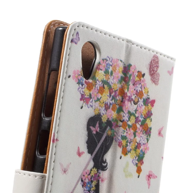 Pattern Printing Wallet Leather Stand Shell Cover for Sony Xperia L1 - Flowered Girl Holding Umbrella