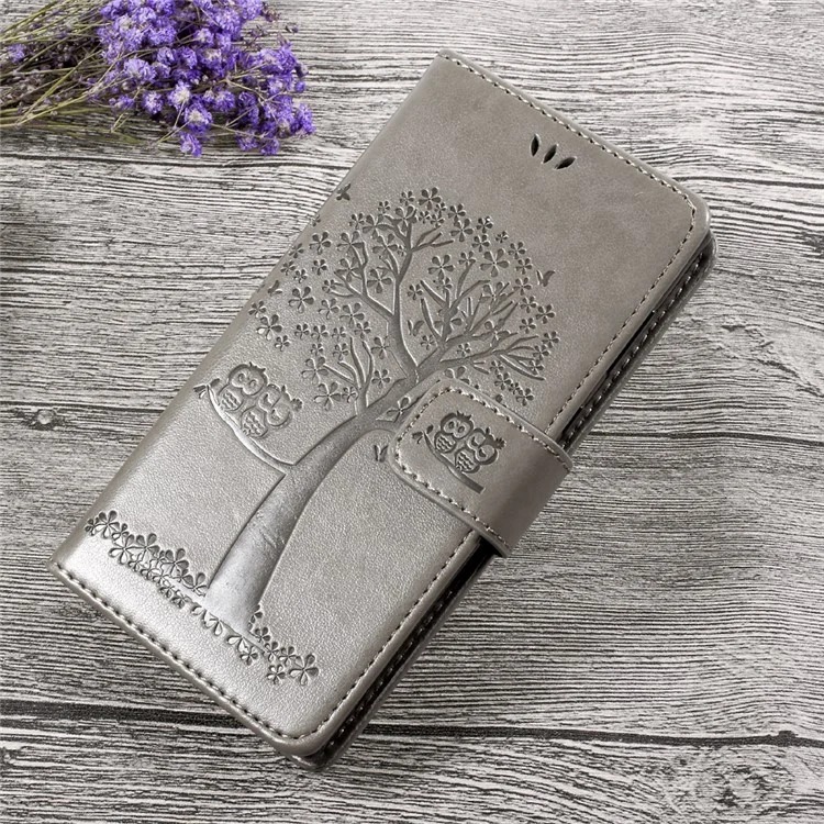 Imprint Tree Owl Magnetic Wallet Leather Stand Phone Casing with Strap for Sony Xperia L1 - Grey