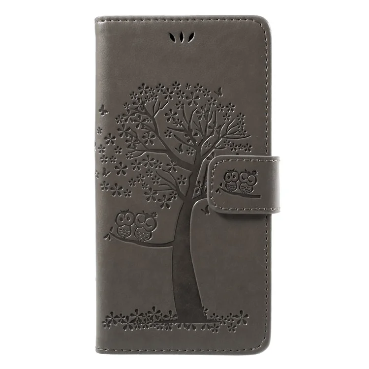 Imprint Tree Owl Magnetic Wallet Leather Stand Phone Casing with Strap for Sony Xperia L1 - Grey