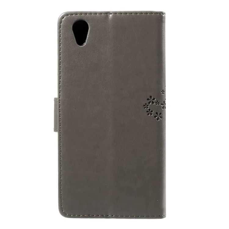 Imprint Tree Owl Magnetic Wallet Leather Stand Phone Casing with Strap for Sony Xperia L1 - Grey