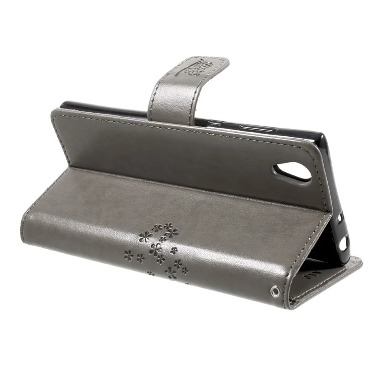 Imprint Tree Owl Magnetic Wallet Leather Stand Phone Casing with Strap for Sony Xperia L1 - Grey