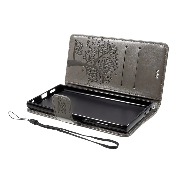 Imprint Tree Owl Magnetic Wallet Leather Stand Phone Casing with Strap for Sony Xperia L1 - Grey