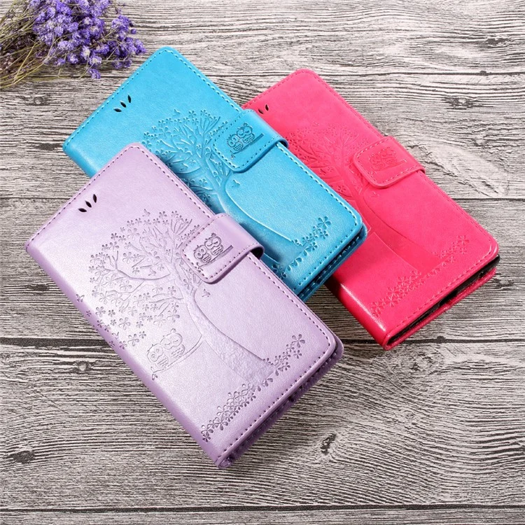Imprint Tree Owl Magnetic Wallet Leather Stand Phone Casing with Strap for Sony Xperia L1 - Grey