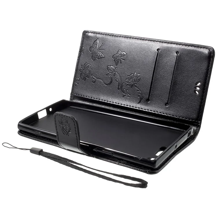 Imprint Butterfly Flower Magnetic Wallet PU Leather Stand Cover for Sony Xperia XZ Premium - Black