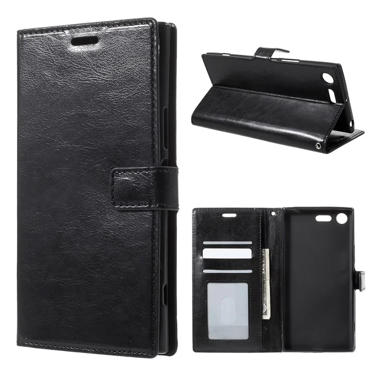 Crazy Horse Texture Wallet Stand Leather Case with Strap for Sony Xperia XZ Premium - Black