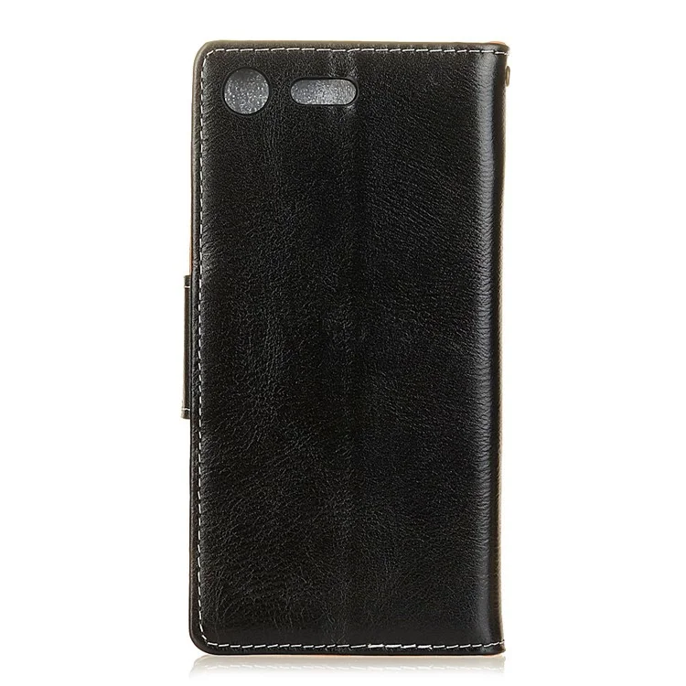 Genuine Leather Crazy Horse Skin Wallet Cover Case with Stand for Sony Xperia XZ Premium - Black