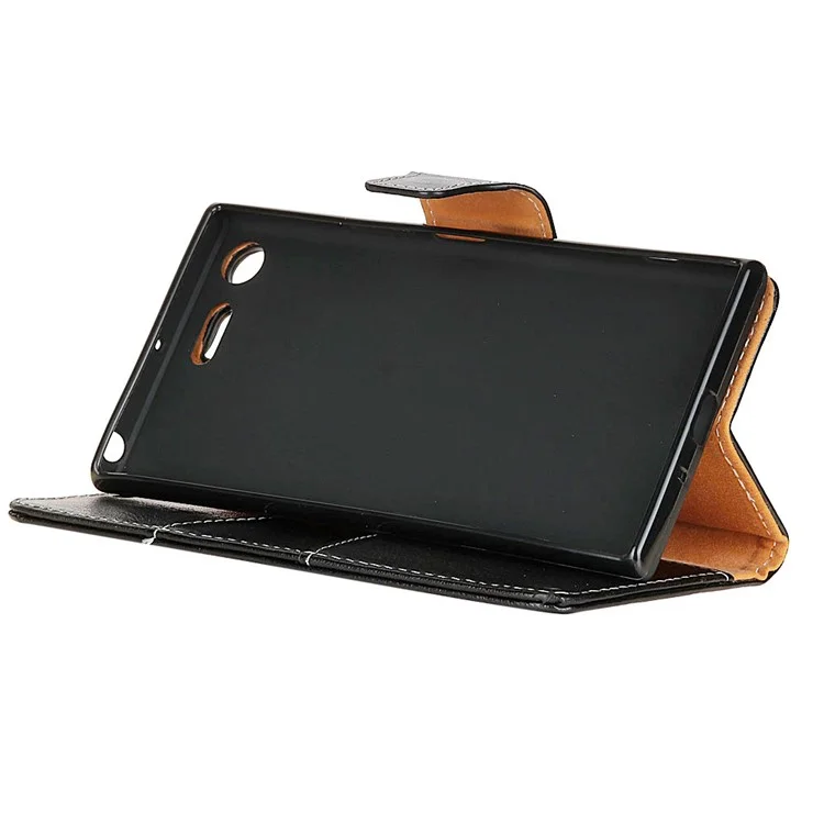 Genuine Leather Crazy Horse Skin Wallet Cover Case with Stand for Sony Xperia XZ Premium - Black