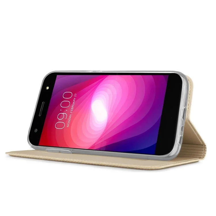 PU Leather Stand Auto Wake & Sleep Card Holder Phone Case Shell for LG X Power 2 - Gold