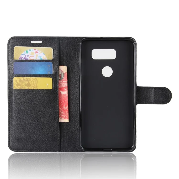 For LG V30 Litchi Skin PU Leather Wallet Stand Phone Shell - Black