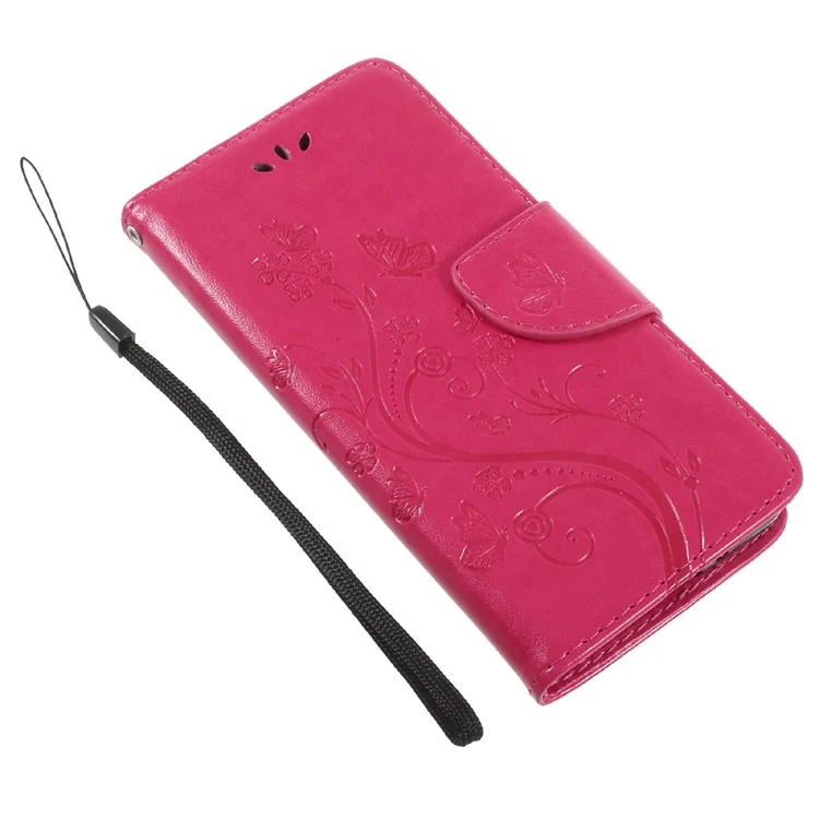 Imprint Butterfly Flowers Magnetic Wallet Leather Stand Shell for LG Q6 M700N (EU Version) / Q6 Plus - Rose