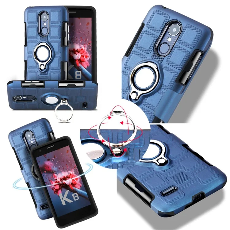 Geometric Design TPU PC Magnetic Car Mount Ring Holder Case for LG K10 (2017) EU Version - Dark Blue