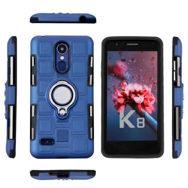 Geometric Design TPU PC Magnetic Car Mount Ring Holder Case for LG K10 (2017) EU Version - Dark Blue