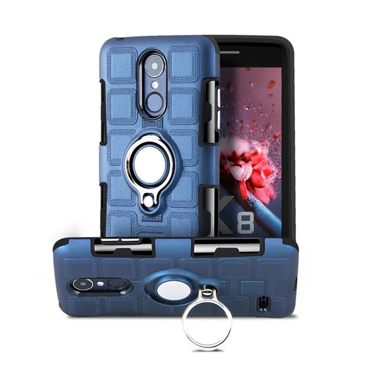 Geometric Design TPU PC Magnetic Car Mount Ring Holder Case for LG K10 (2017) EU Version - Dark Blue
