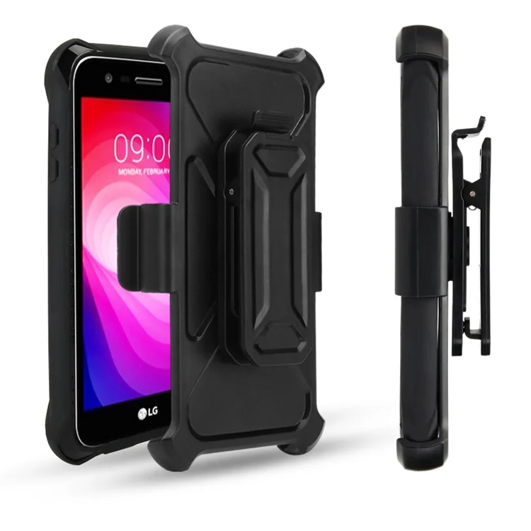 For LG X power2 / V7 Heavy Duty Belt Clip Carbon Fiber Texture PC + TPU Hybrid Kickstand Case - Black