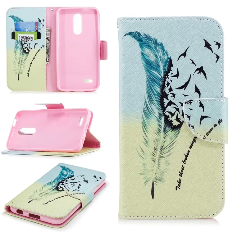 Pattern Printing PU Leather Wallet Stand Cover Case for LG K10 (2018) - Quill Pen and Birds