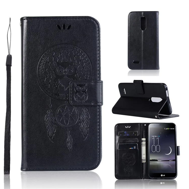Imprint Owl Dream Catcher Wallet Stand Leather Case for LG K10 (2018) - Black
