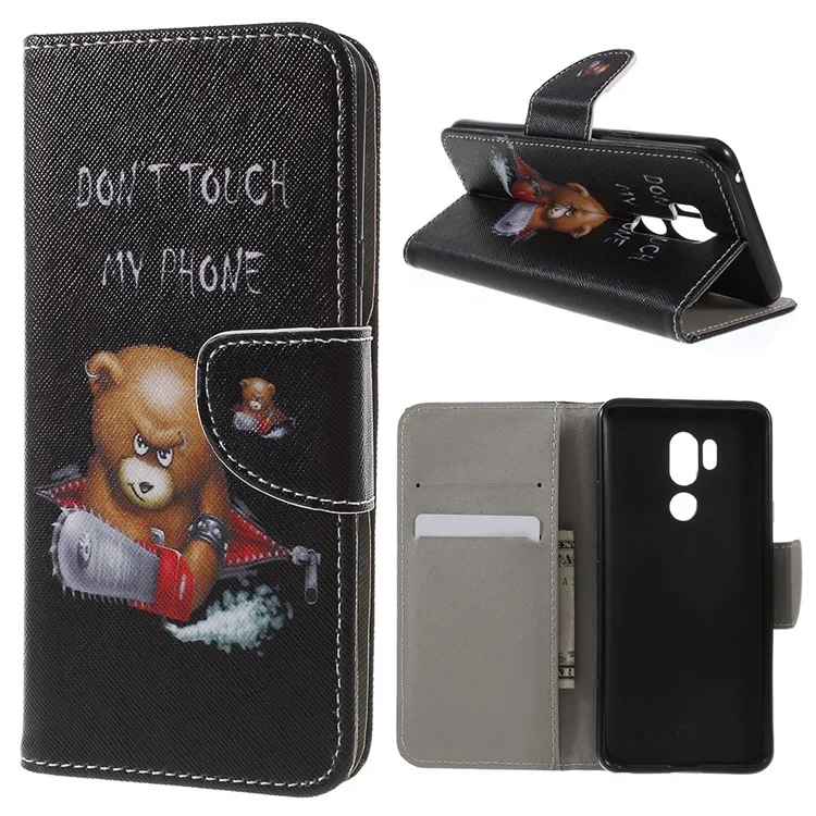 Cross Texture Patterned Wallet Leather Case with Stand for LG G7 ThinQ - Angry Bear and Warning