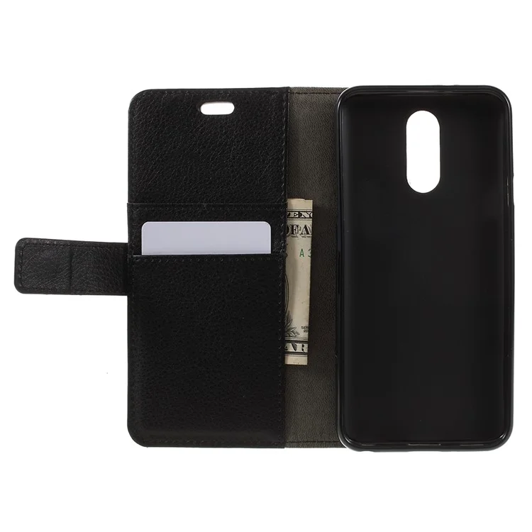Litchi Skin Leather Wallet Case for LG Q7 - Black