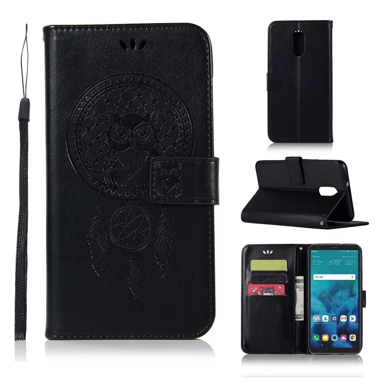 Imprint Owl Dream Catcher Wallet Stand Leather Case for LG Q Stylus - Black
