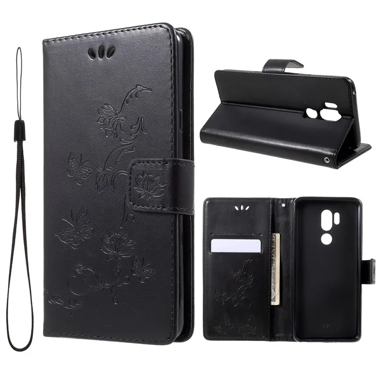 For LG G7 ThinQ Imprint Butterfly Flower Wallet Stand Leather Case - Black