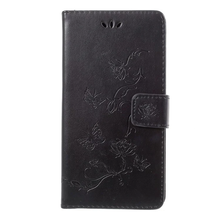 For LG G7 ThinQ Imprint Butterfly Flower Wallet Stand Leather Case - Black