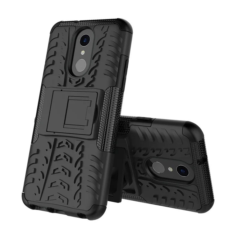 2-in-1 Tyre Pattern PC TPU Kickstand Hybrid Cell Phone Case for LG Q7 - Black