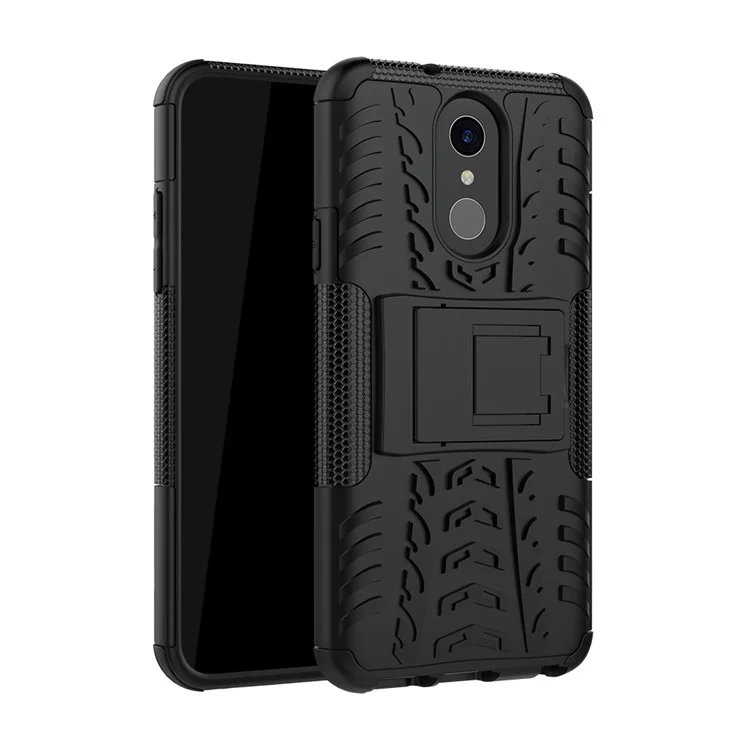 2-in-1 Tyre Pattern PC TPU Kickstand Hybrid Cell Phone Case for LG Q7 - Black