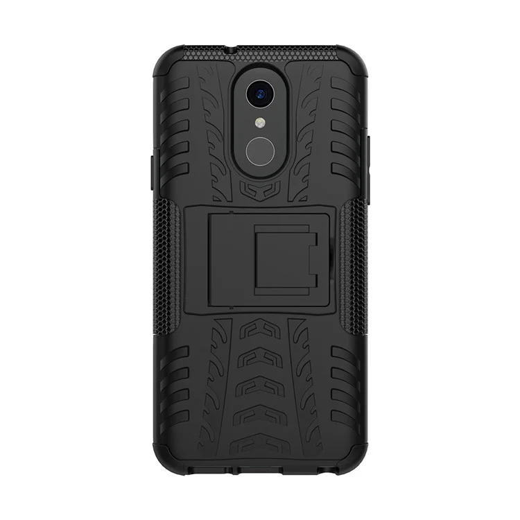 2-in-1 Tyre Pattern PC TPU Kickstand Hybrid Cell Phone Case for LG Q7 - Black