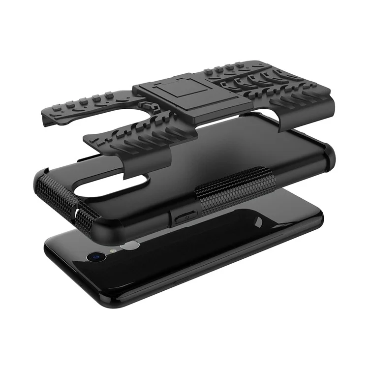 2-in-1 Tyre Pattern PC TPU Kickstand Hybrid Cell Phone Case for LG Q7 - Black