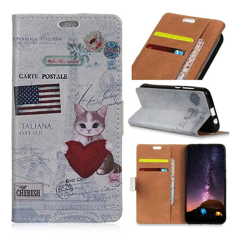 Patterned PU Leather Folio Wallet Stand Folio Casing for LG K10 (2018) / K11 - Cat Holding Heart